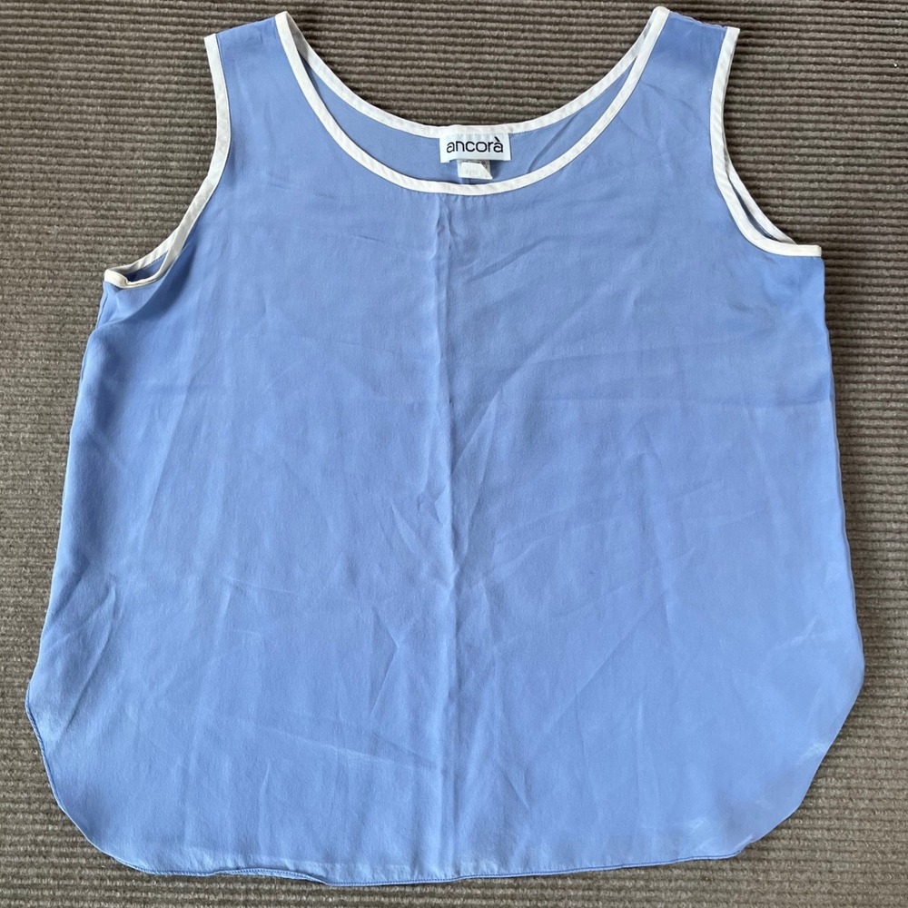 Ancora Womens Periwinkle Blue White Trim Sleeveless Silk Tank Top‎ Size 16